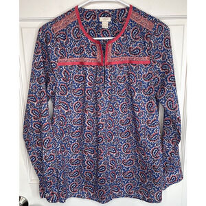 J. Crew Women's Cotton Embroidered Peasant Top Sz S Long Slv Cotton Paisley Boho